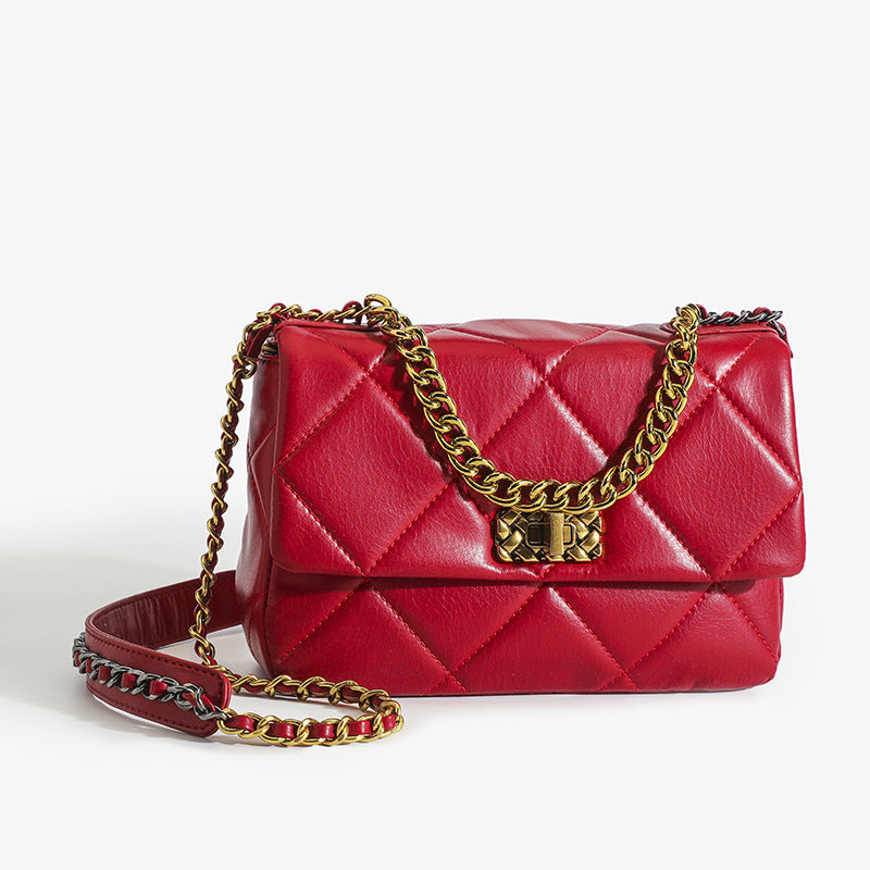 Ladies Genuine Leather Shoulder Bag Chain Bag Wandering Bag Check Crossbody Bag Fashion Trend