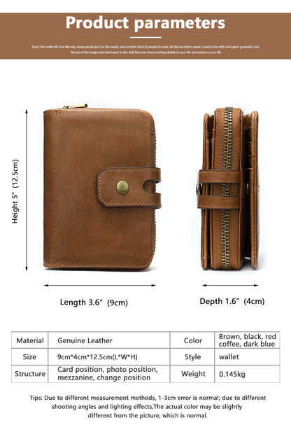Men's short wallet, genuine cowhide leather, retro coin purse, anti-theft brush, zipper, unisex card bag 