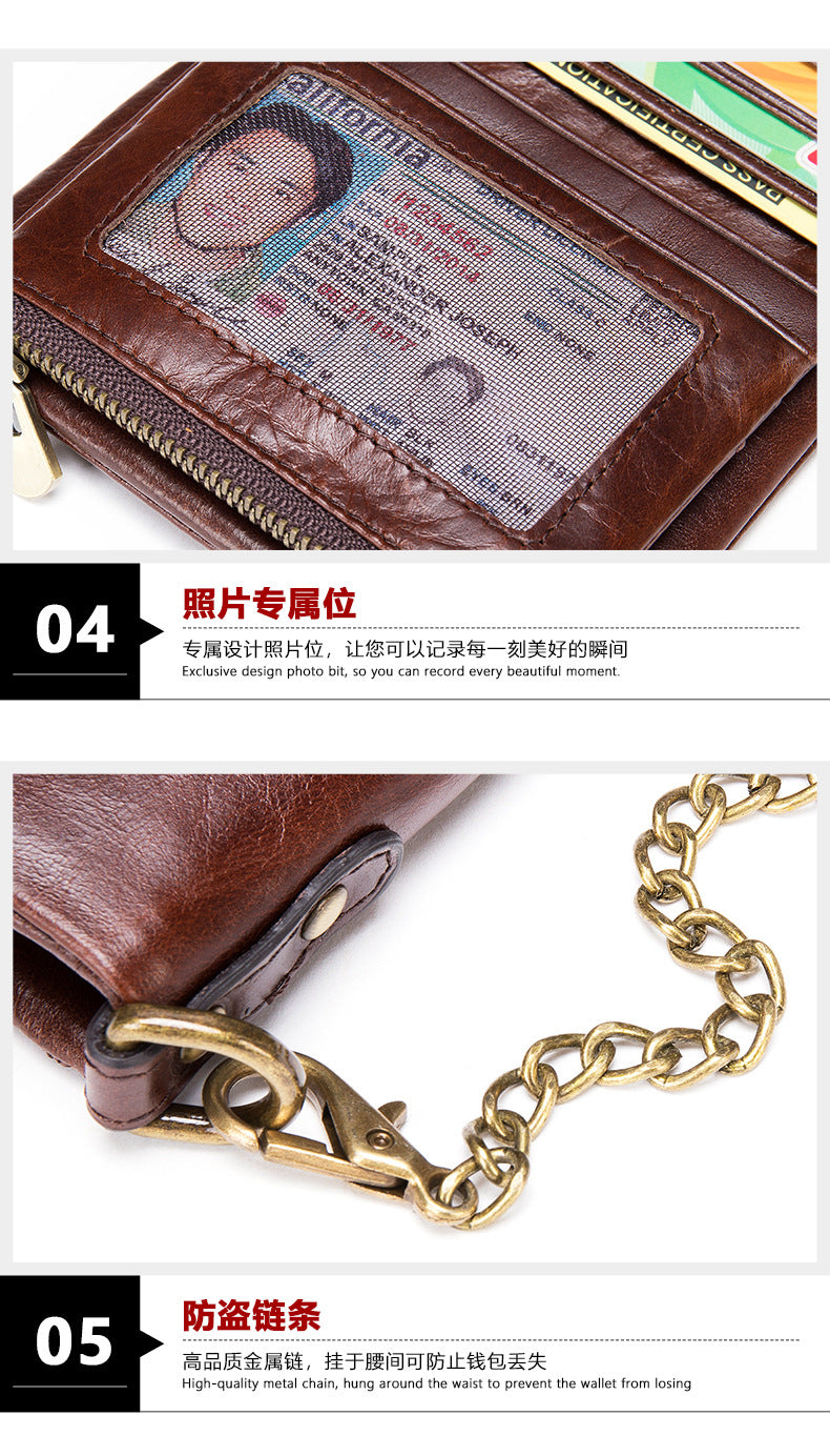 Men's short wallet made of genuine cowhide leather with multi-functional zipper and card bag wallet for men 