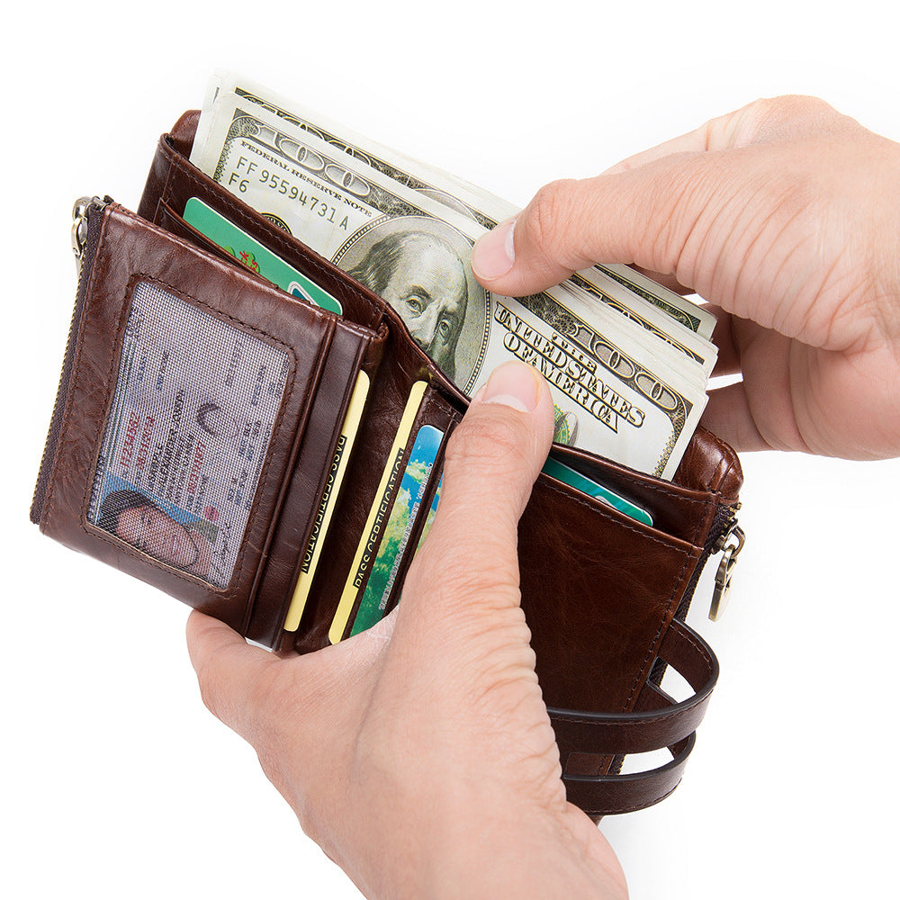Men's short wallet made of genuine cowhide leather with multi-functional zipper and card bag wallet for men 