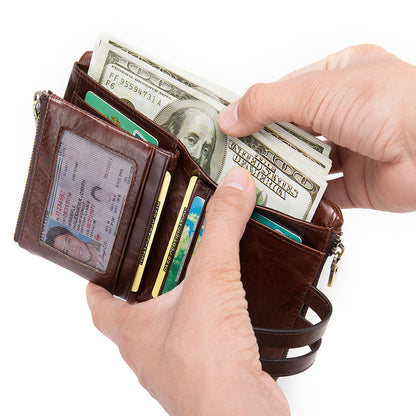 Men's short wallet made of genuine cowhide leather with multi-functional zipper and card bag wallet for men 