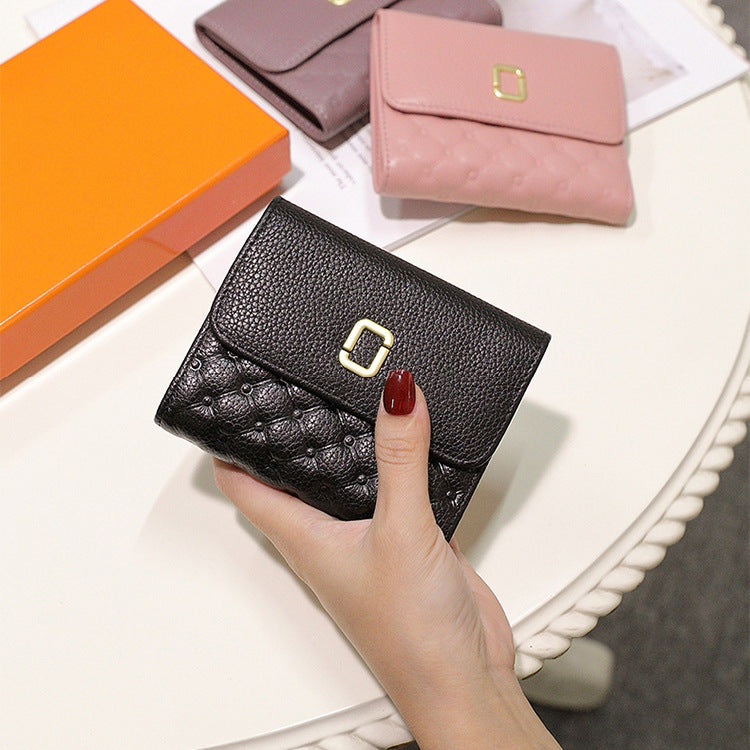 Short Length Ladies Cowhide Check Wallet Fashion Multifunctional Wallet Trifold Wallet