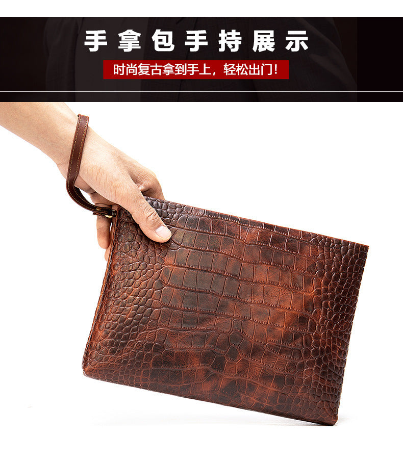 Men's Clutch Bag Business Crocodile Crest Cow Leather Handbag for Men 