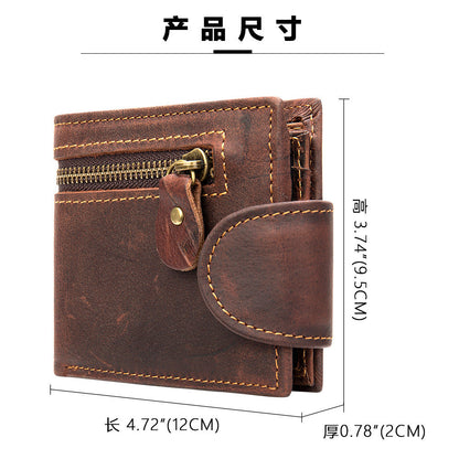 Men's short wallet, genuine cowhide leather, multi-functional coin purse, zipper, clasp, men's wallet 