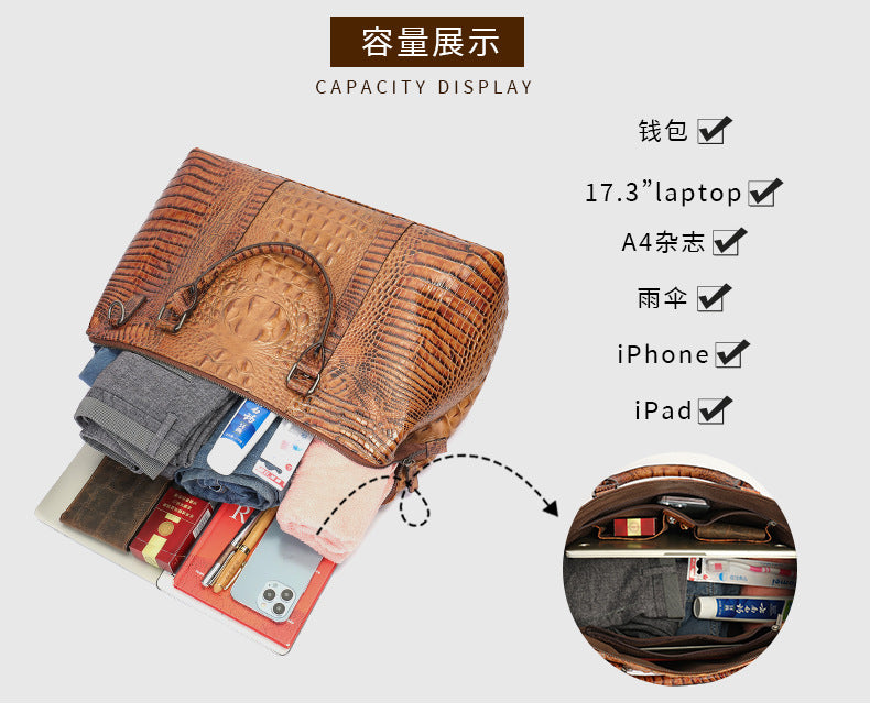 Men's Handbag Crocodile Crest Cow Leather Unisex Travel Bag Short Distance Business Luggage Bag 