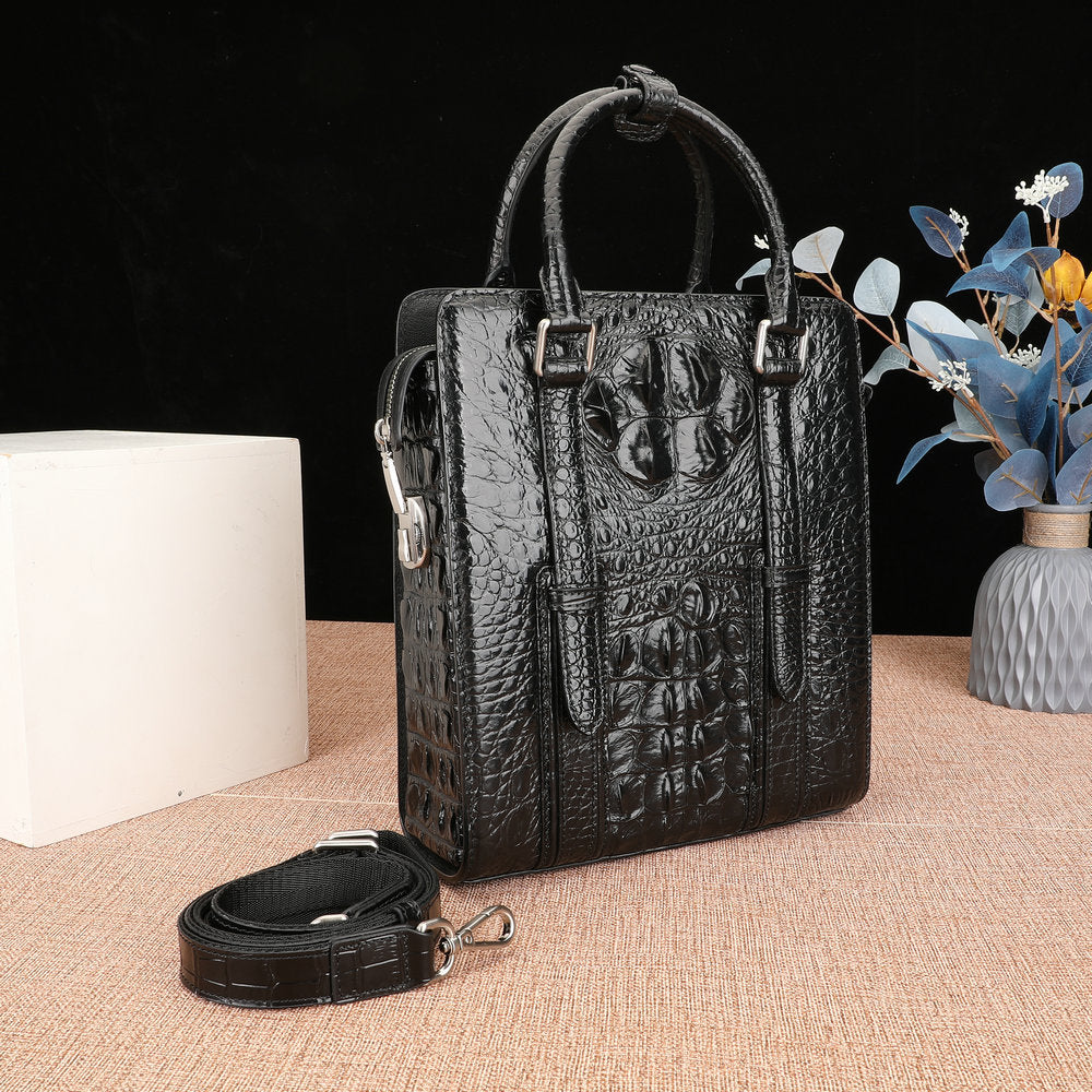 Crocodile Bone Skin Genuine Leather Men's Briefcase Business Commuting Casual Crossbody Shoulder Bag Vertical Handbag 