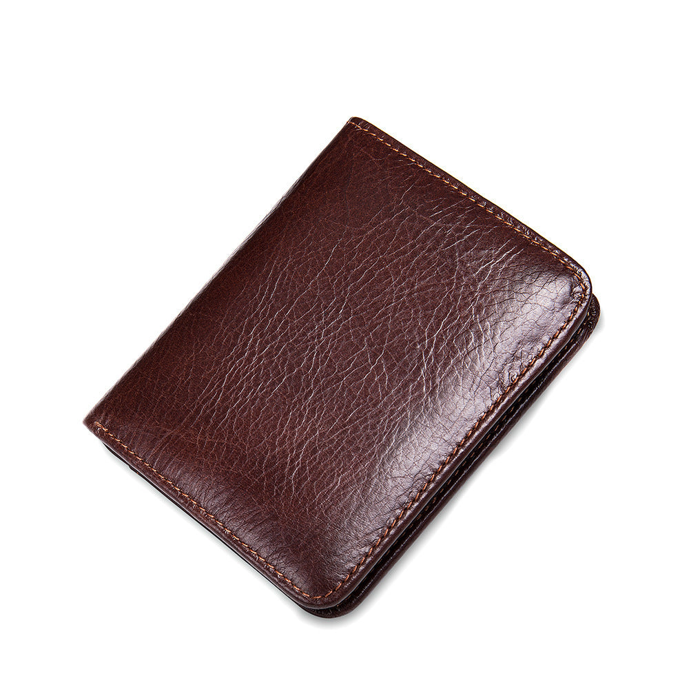 Men's short wallet, portable, compact, genuine cowhide leather, retro commuting fashion, card bag wallet for men 