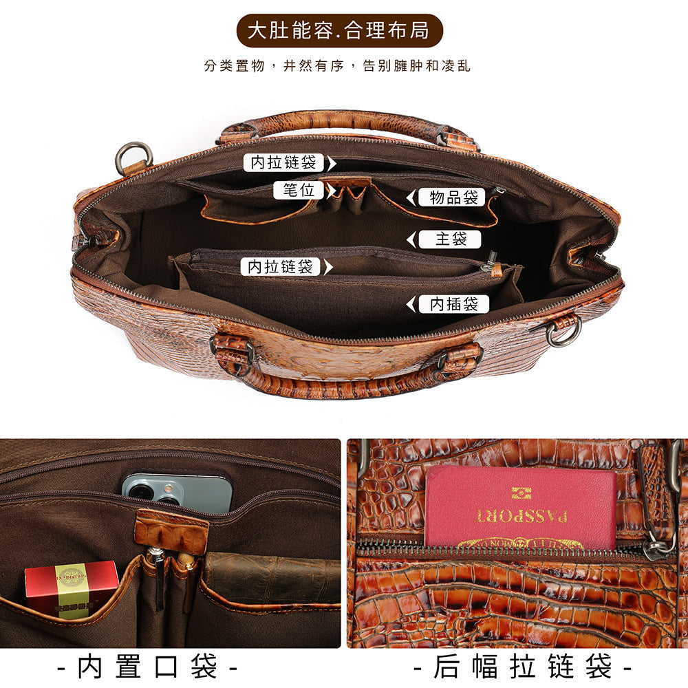 Men's Handbag Crocodile Crest Cow Leather Unisex Travel Bag Short Distance Business Luggage Bag 