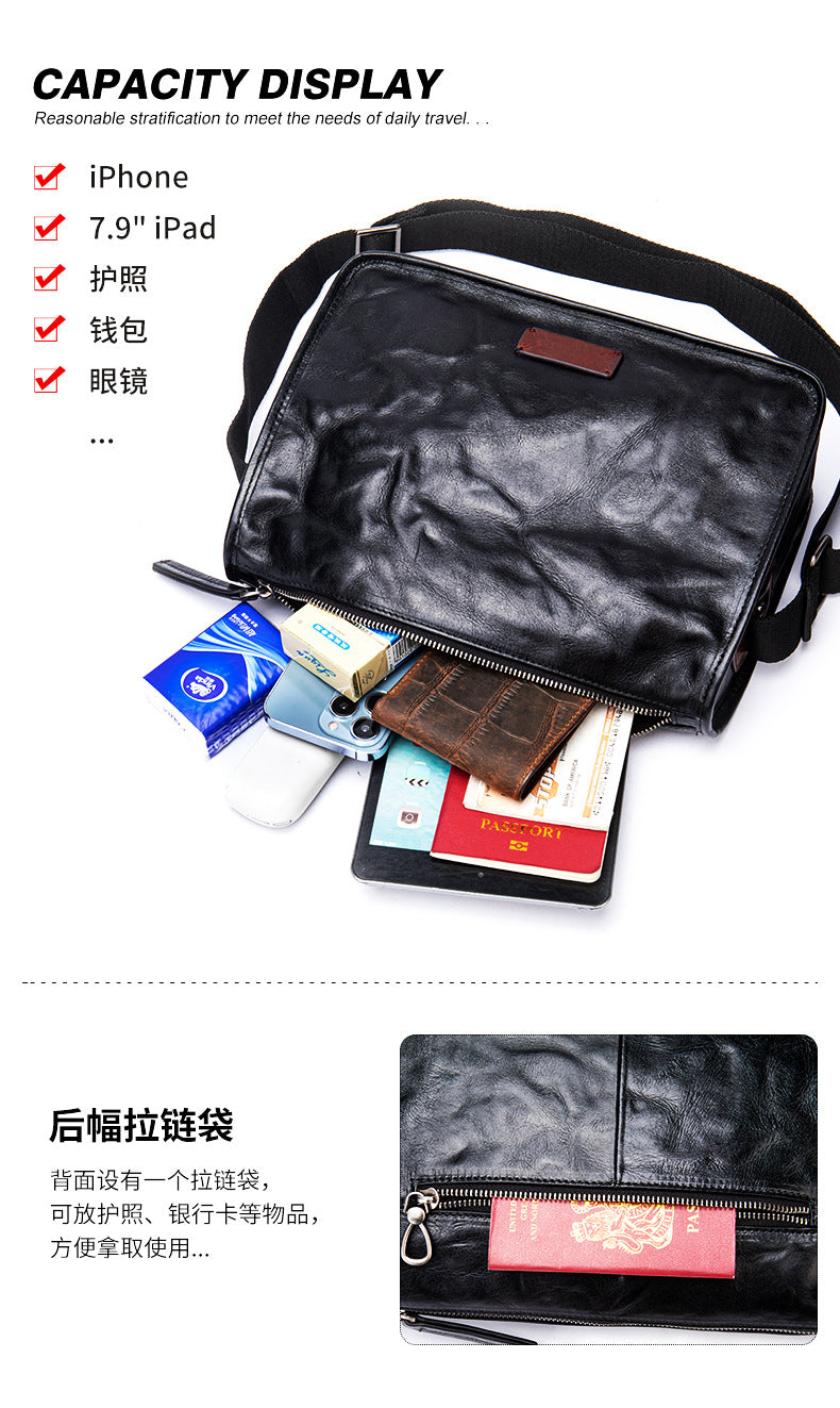 Men's Shoulder Bag Genuine Cowhide Leather Fashion Hand-held Crossbody Bag for Men 