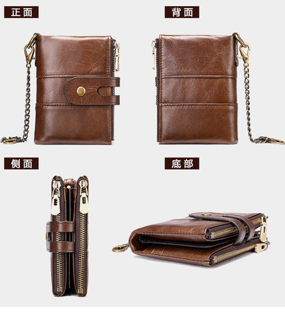 Men's short wallet genuine cowhide leather retro RFID anti-theft card bag 