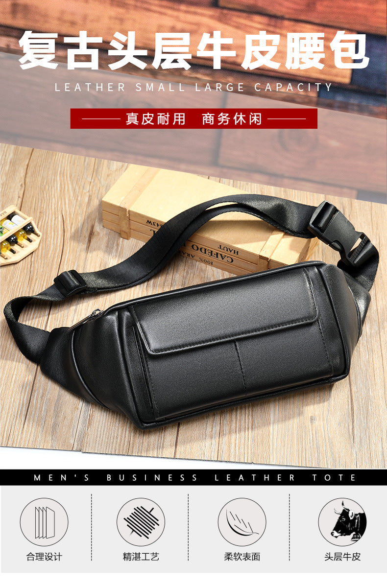 Men's Waist Bag Sheepskin Genuine Leather Fashion Casual Simple Multifunctional Crossbody Bust Bag 