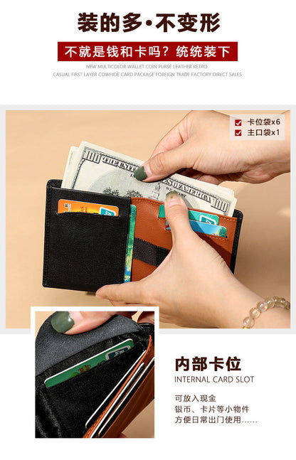 Men's short wallet genuine cowhide leather bi-fold retro card bag men's wallet 