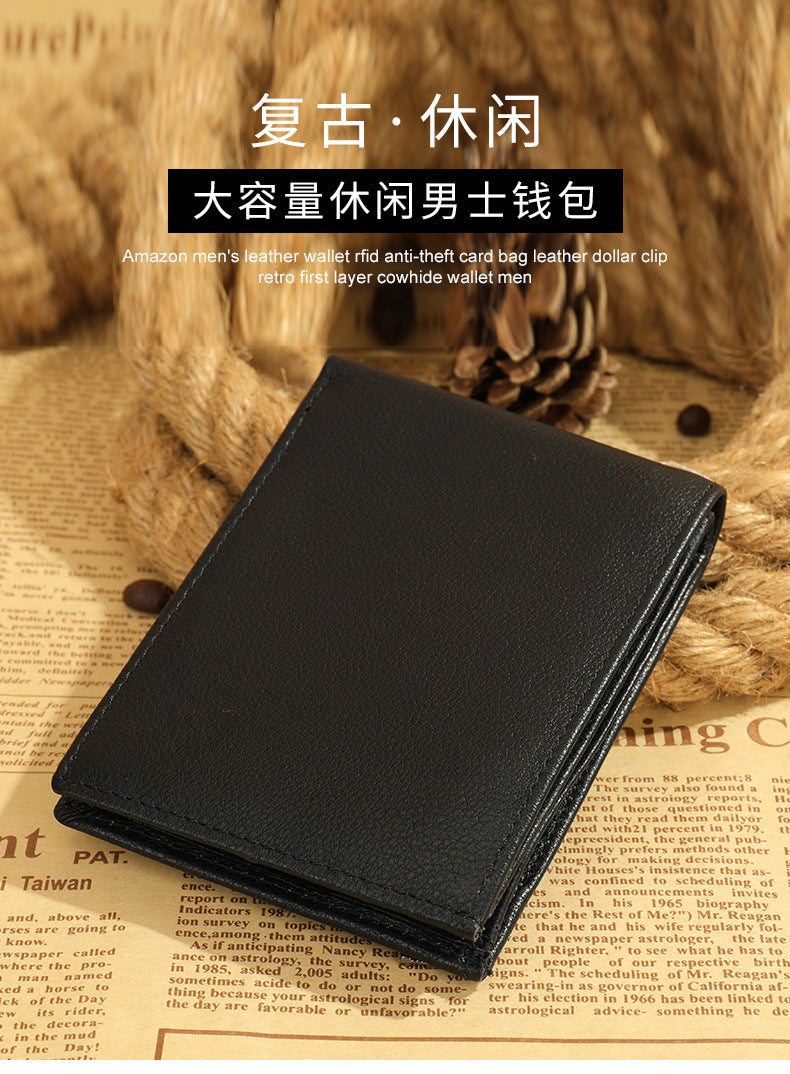 Men's short wallet cowhide magnetic snap anti-theft brush RFID coin card holder card bag wallet for men 