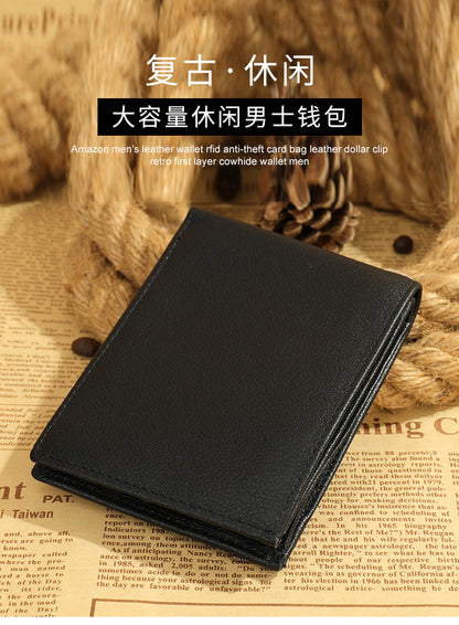 Men's short wallet cowhide magnetic snap anti-theft brush RFID coin card holder card bag wallet for men 