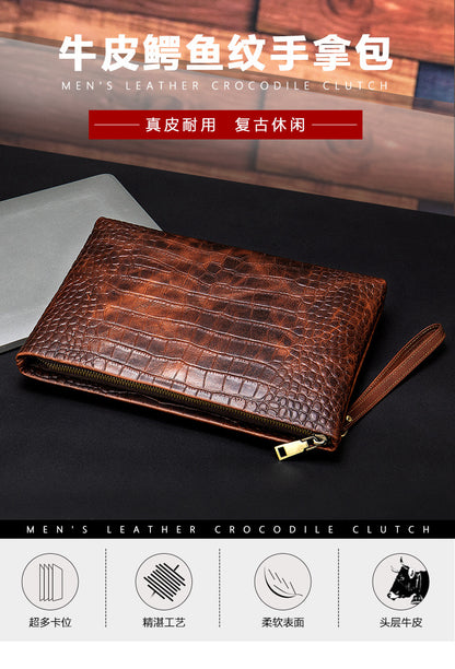 Men's Clutch Bag Business Crocodile Crest Cow Leather Handbag for Men 