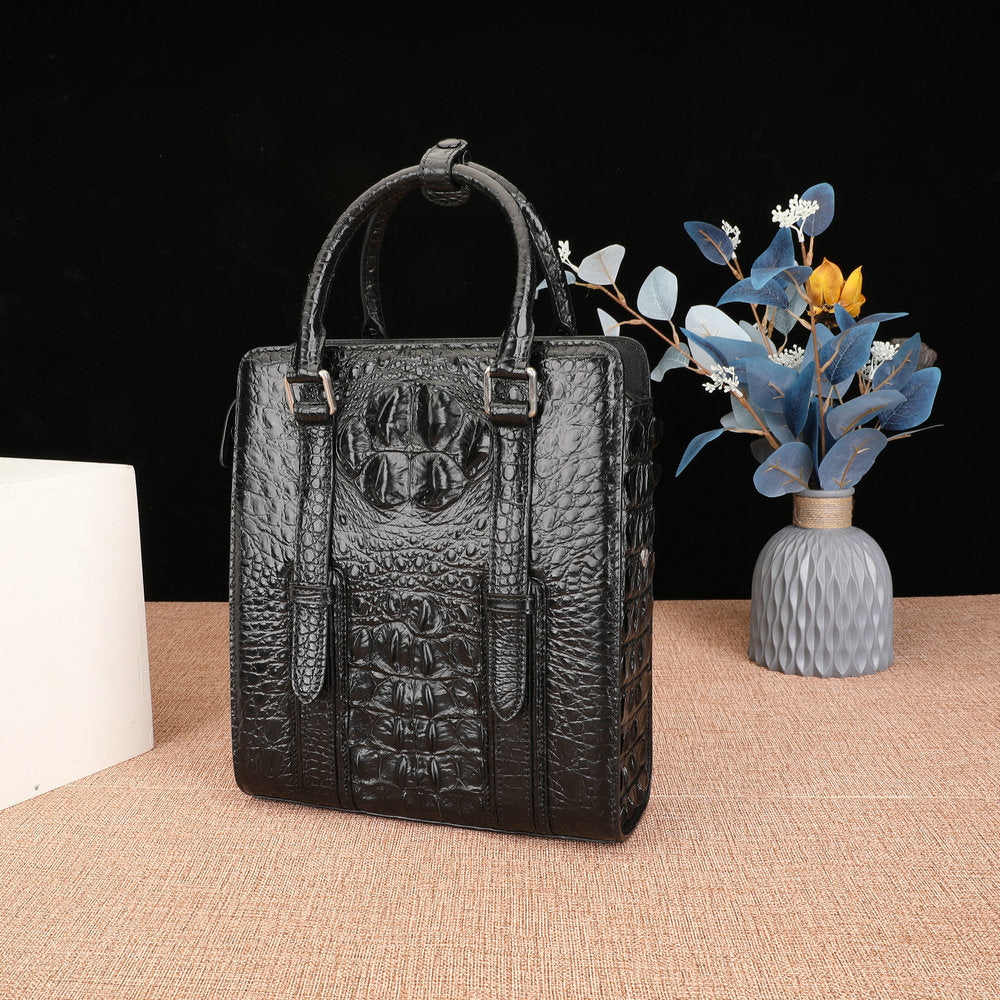 Crocodile Bone Skin Genuine Leather Men's Briefcase Business Commuting Casual Crossbody Shoulder Bag Vertical Handbag 