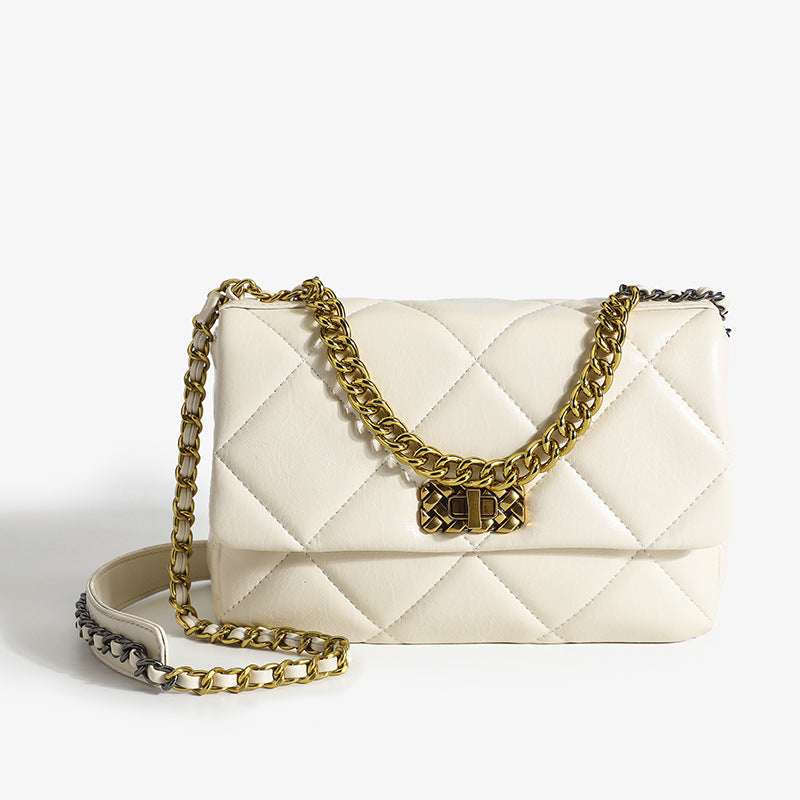 Ladies Genuine Leather Shoulder Bag Chain Bag Wandering Bag Check Crossbody Bag Fashion Trend