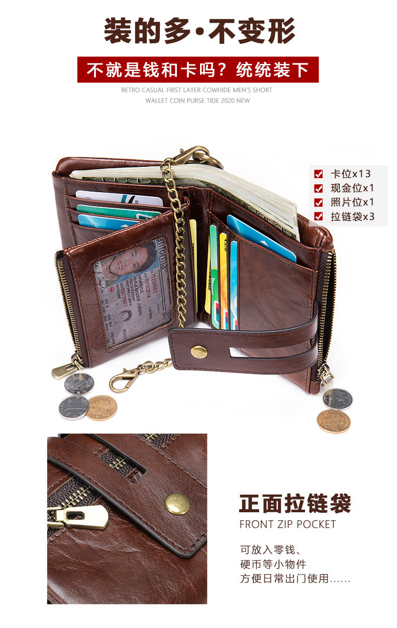 Men's short wallet made of genuine cowhide leather with multi-functional zipper and card bag wallet for men 