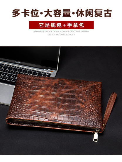 Men's Clutch Bag Business Crocodile Crest Cow Leather Handbag for Men 