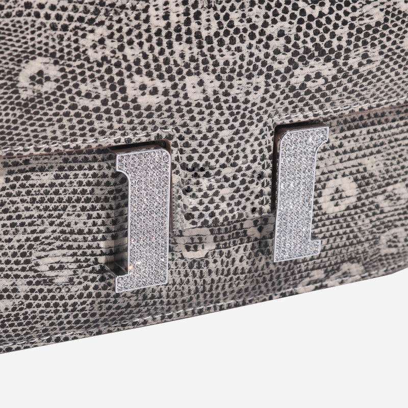 Siamese Crocodile Skin Lizard Pattern Luxury Genuine Leather Women's Bag Rhinestone Buckle Side Bag Crossbody Bag