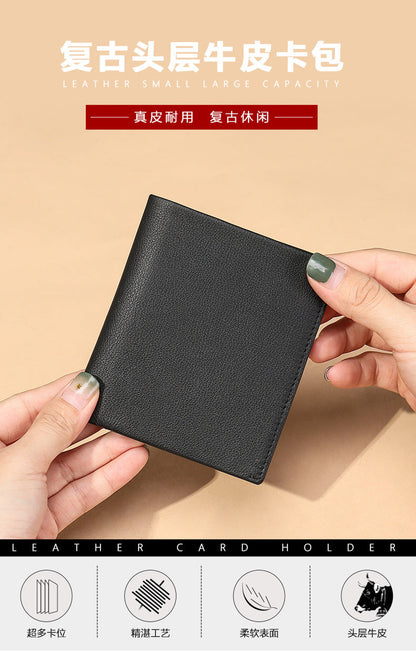 Men's short wallet genuine cowhide leather bi-fold retro card bag men's wallet 