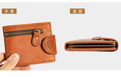 Men's short wallet, genuine cowhide leather, multi-functional coin purse, zipper, clasp, men's wallet 