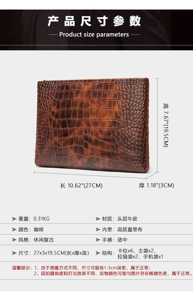 Men's Clutch Bag Business Crocodile Crest Cow Leather Handbag for Men 