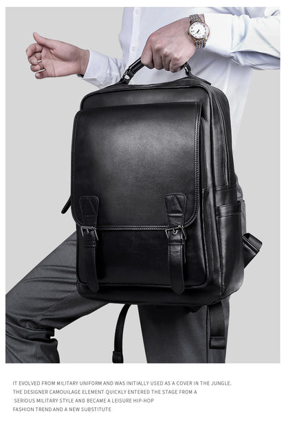 Men's backpack, genuine cowhide leather, casual business, travel fashion, waterproof, large capacity, double shoulder backpack 