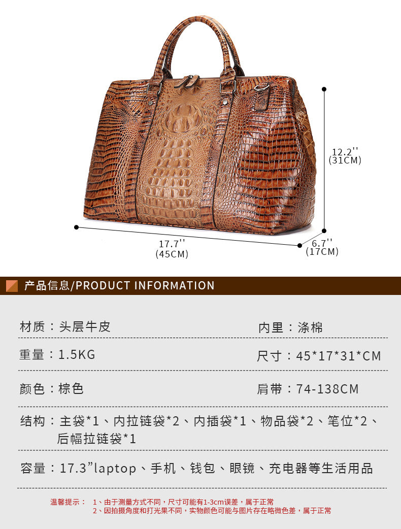Men's Handbag Crocodile Crest Cow Leather Unisex Travel Bag Short Distance Business Luggage Bag 