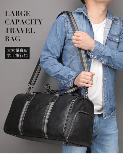 Men's Fitness Bag Genuine Cowhide Leather Dry/Wet Separate Short-distance Luggage Bag Men's Travel Bag Shoulder Bag 