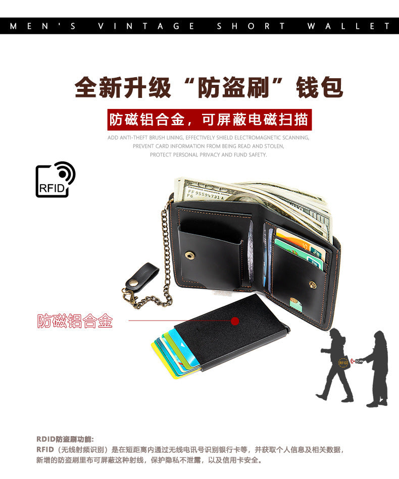 Men's short wallet genuine cowhide leather aluminum alloy automatic pop-up card bag RFID anti-theft brush wallet for men 