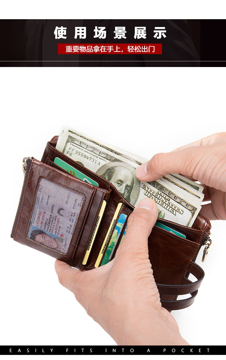 Men's short wallet made of genuine cowhide leather with multi-functional zipper and card bag wallet for men 