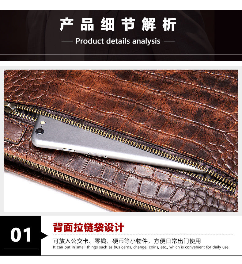 Men's Clutch Bag Business Crocodile Crest Cow Leather Handbag for Men 