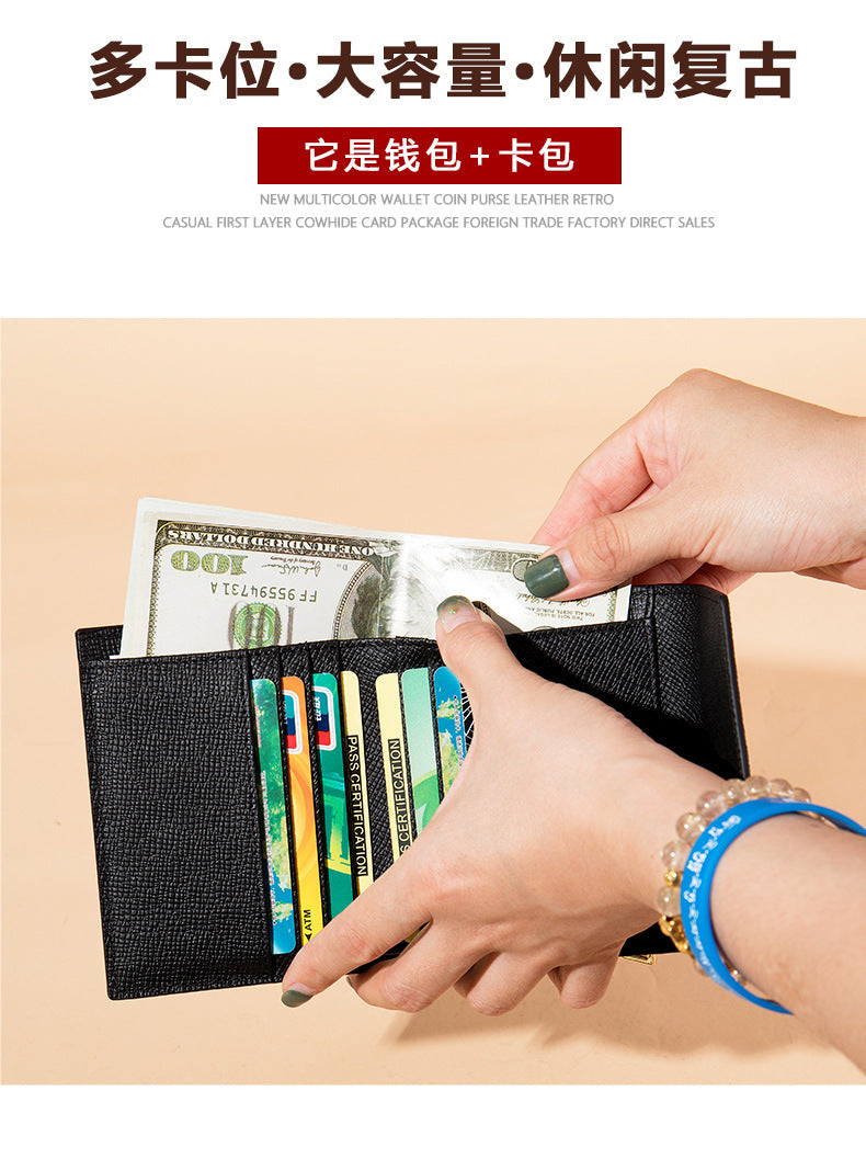 Men's short wallet, genuine cowhide leather, casual lychee pattern, coin, card bag, unisex wallet 