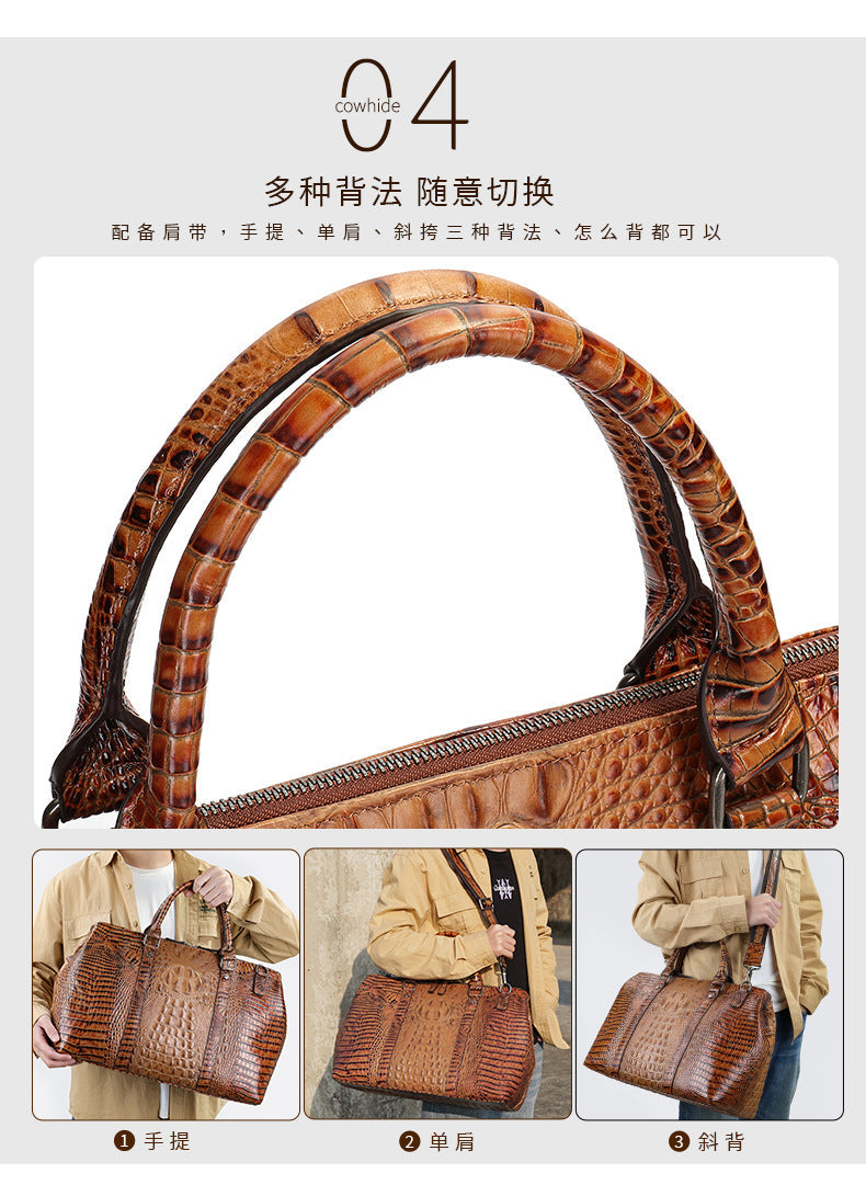 Men's Handbag Crocodile Crest Cow Leather Unisex Travel Bag Short Distance Business Luggage Bag 