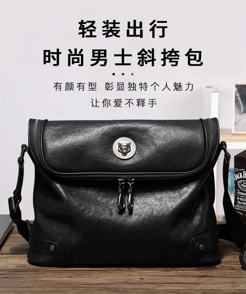 Men's shoulder bag, genuine cowhide leather, casual, multi-functional, large capacity, fashion crossbody bag 