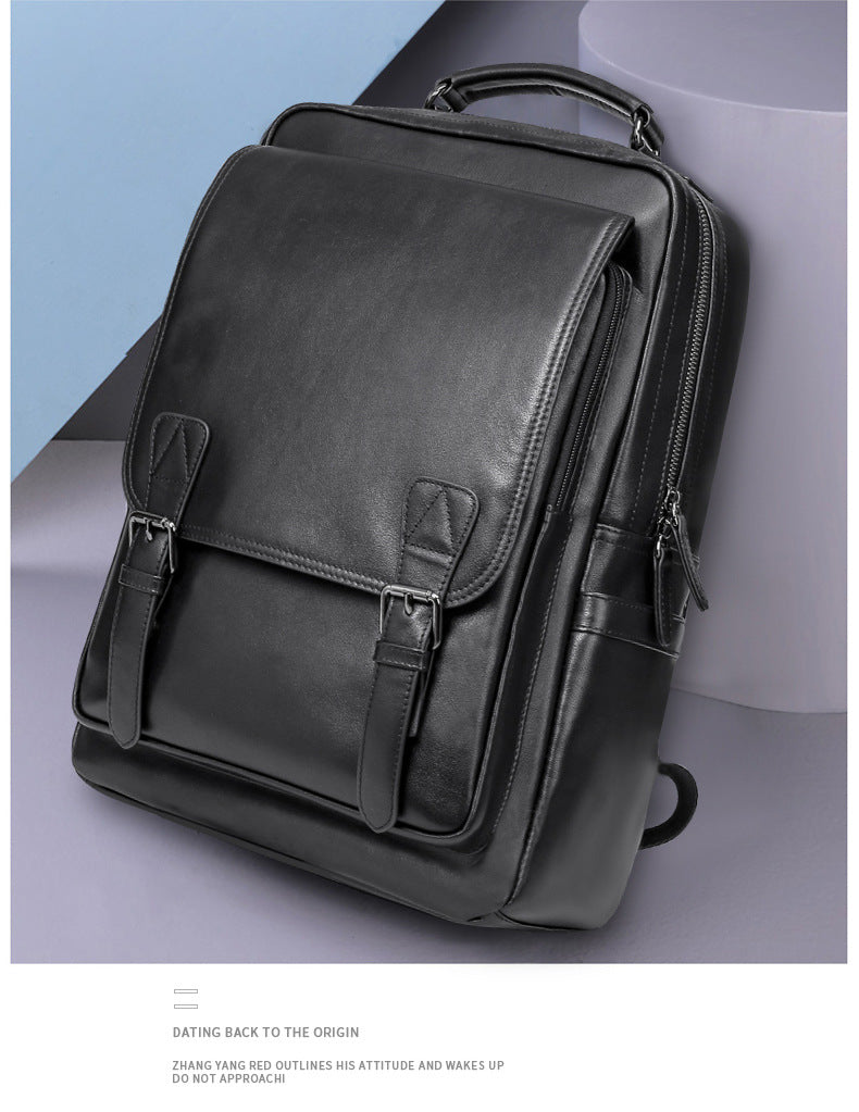 Men's backpack, genuine cowhide leather, casual business, travel fashion, waterproof, large capacity, double shoulder backpack 