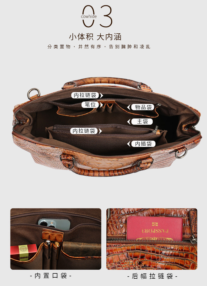 Men's Handbag Crocodile Crest Cow Leather Unisex Travel Bag Short Distance Business Luggage Bag 
