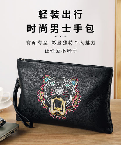 Men's Clutch Bag Genuine Cowhide Leather Casual Fashion Tiger Head Embroidery Men's Handbag 